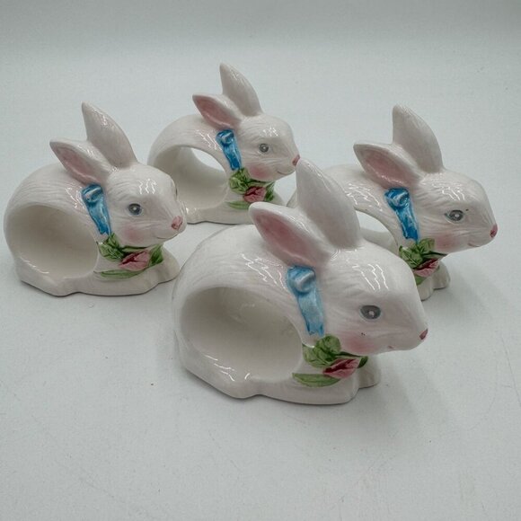 VTG White Easter Bunny Rabbit Napkin Rings Holders Set of 4 springtime white - Picture 2 of 7
